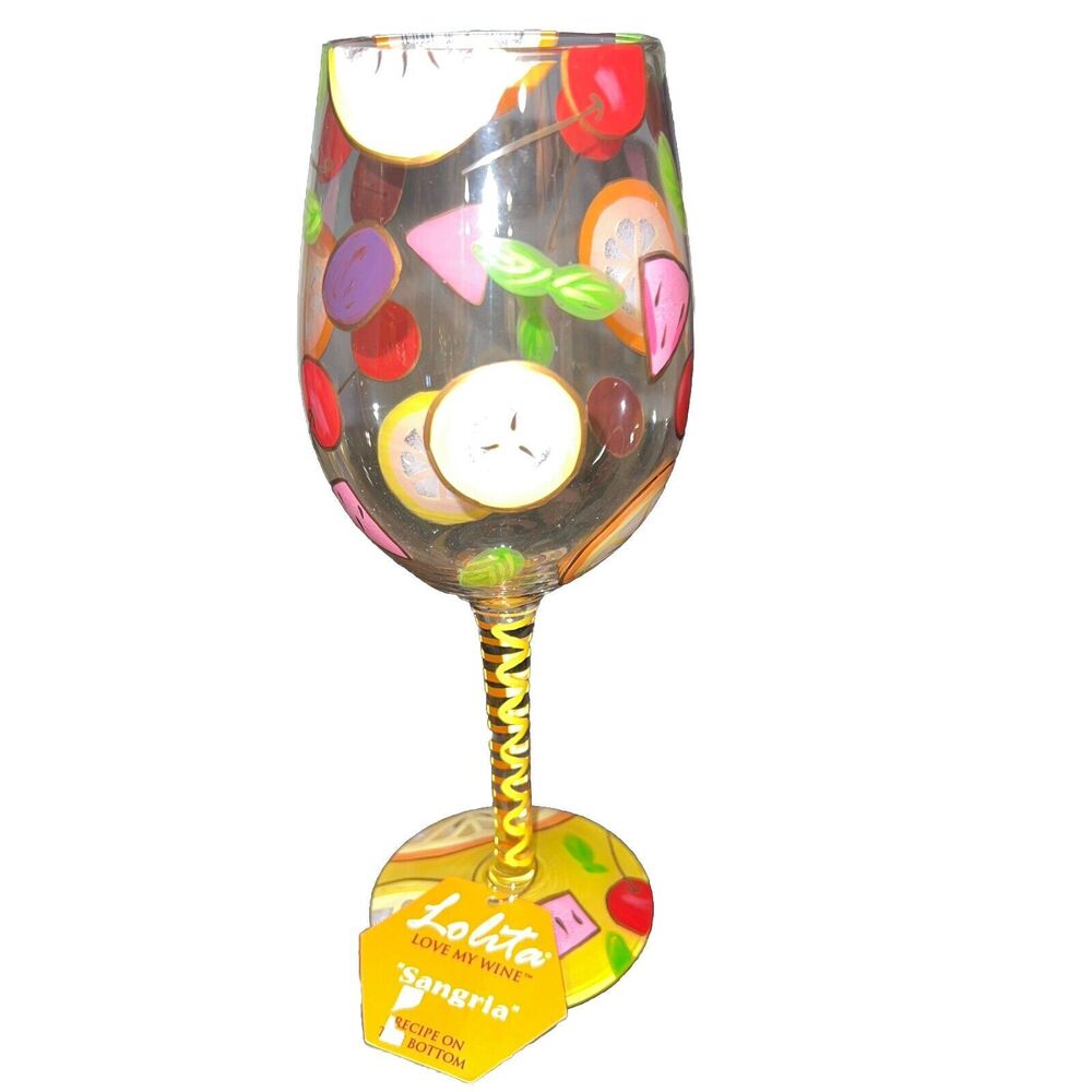 Lolita Love My Wine Sangria Wine Glass Hand Painted 15oz Recipe On Bottom New